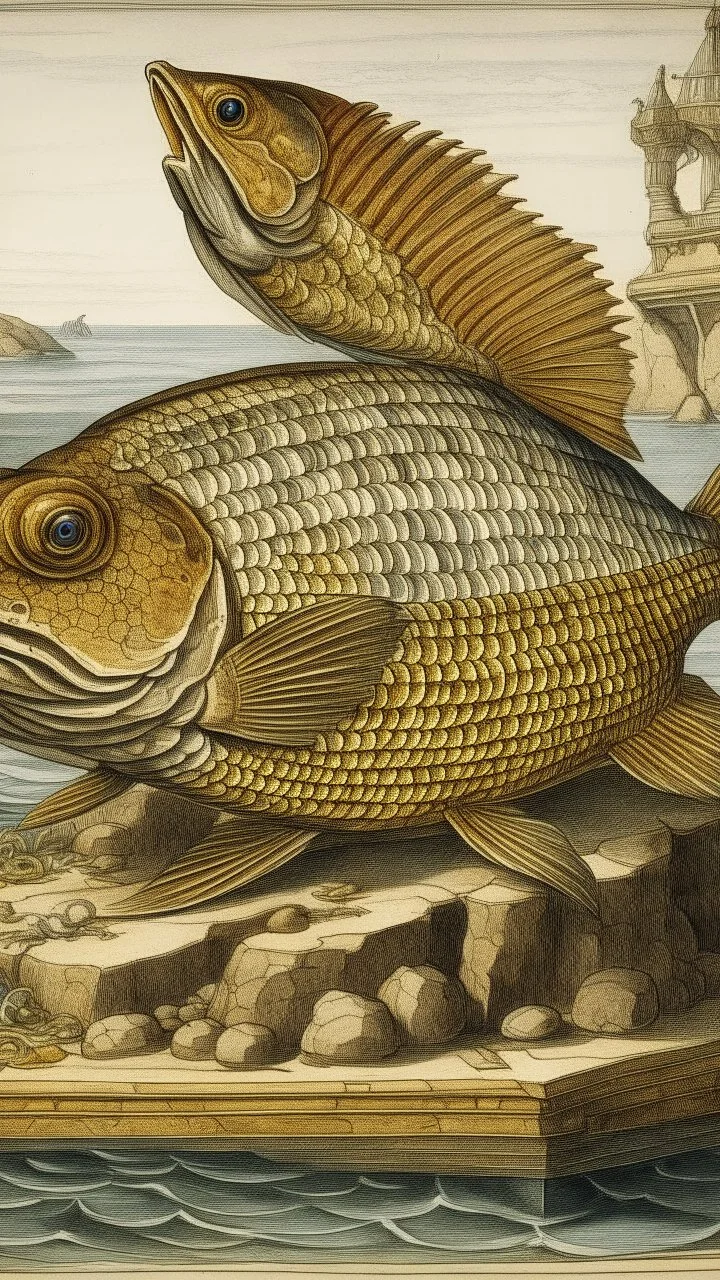 A brown Rock Snapper designed in ancient Egyptian architectures and sculptures painted by Albrecht Durer