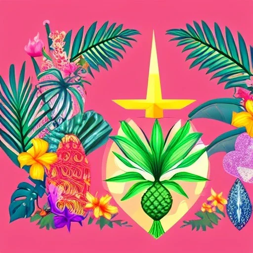  Tropical flowers, heart drawing, crystals, tropical leaves, sacred altar, Fantasy temple, Surreal landscape.