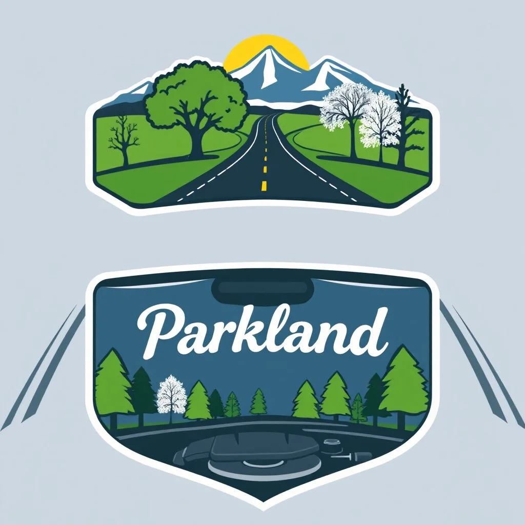 logo for a shop that installs tires and does oil changes, top has elements of beautiful park highway drive on flat land with elm and poplar trees, bottom shows the engine under car hood. on windshield is written "Parkland", all inside a shield shape with squared top and rounded bottom, in the style of national parks stickers