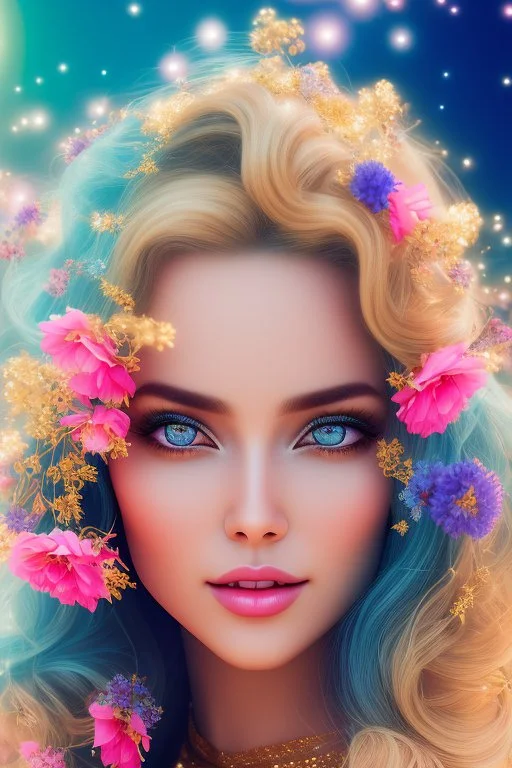 Beautyful smiling young woman, long hair amazing blue eyes, flowers, happy cosmic, bright colors, blue, pink, gold, jewels, realistic, photo real, clear sunny background, highly detailed, high contrast, 8k high definition, unreal engine 5, extremely sharp detail, light effect, sunny light backgroundgold, jewels, realistic, photo real, clear sunny background, highly detailed, high contrast, 8k h