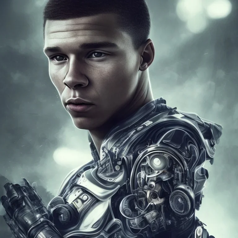 kylian mbappe lionel messi perfect face and portrait post-apocalypse perfect cyborgs in a cyberpunk city, sci-fi fantasy style, 8k,dark