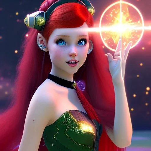 Pretty teenage girl with red hair who is dressed like a space witch casting a spell, girl has green eyes, background is realistic space renditions, wearing a black emo dress, full body portrait, rendered, unity 3d, unreal engine, dslr, hdr, 4k, edited, photorealistic, normal number of appendages, hands blocked by magic