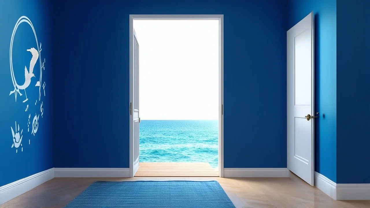 Imagine a minimalist room in blue tones with walls painted with maritime motifs, through a half-open door you can see the sea, and through a window through which a halo of light enters, a seagull peeks out.