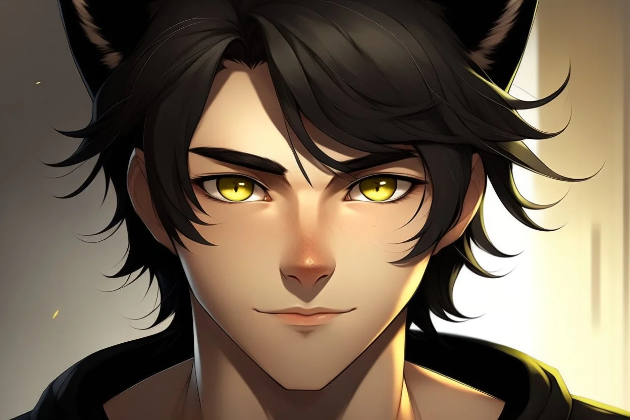 A young adult male with messy black hair, gold eyes, black cat ears, realistic, slight smile