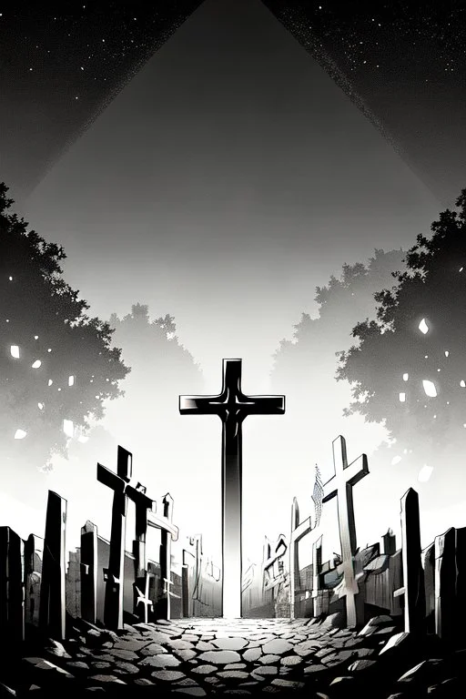 landscape, endless open cemetery with thousand crosses, grayscale