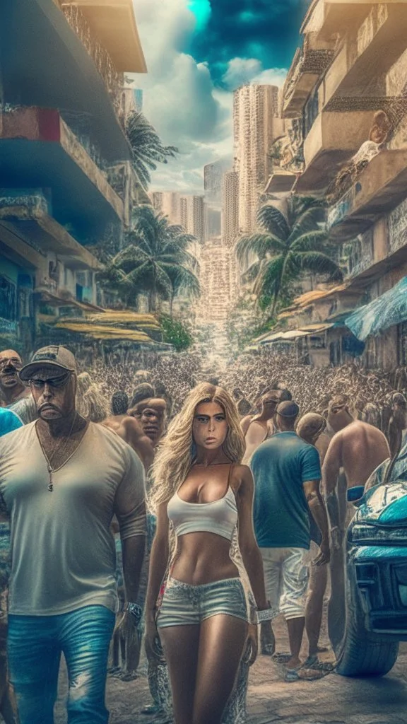 World celebrities, rich people, in a Brazilian city, a movie scene, a realistic picture hdr 8k