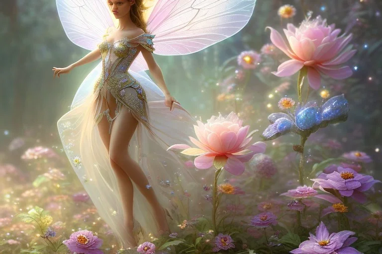 one very little beautiful fairy on a big crystal subtle flower in a galactic ambiance, transparent petals, delicate colors, in the foreground, full of details, smooth, bright sunshine，soft light atmosphere, light effect，vaporwave colorful, concept art, smooth, extremely sharp detail, finely tuned detail, ultra high definition, 8 k, unreal engine 5, ultra sharp focus