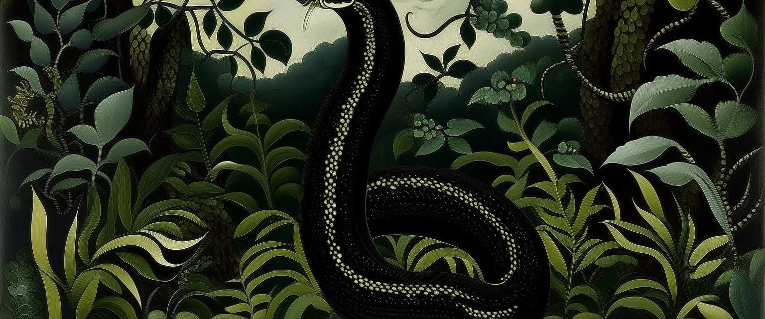 A black poison elemental snake painted by Henri Rousseau