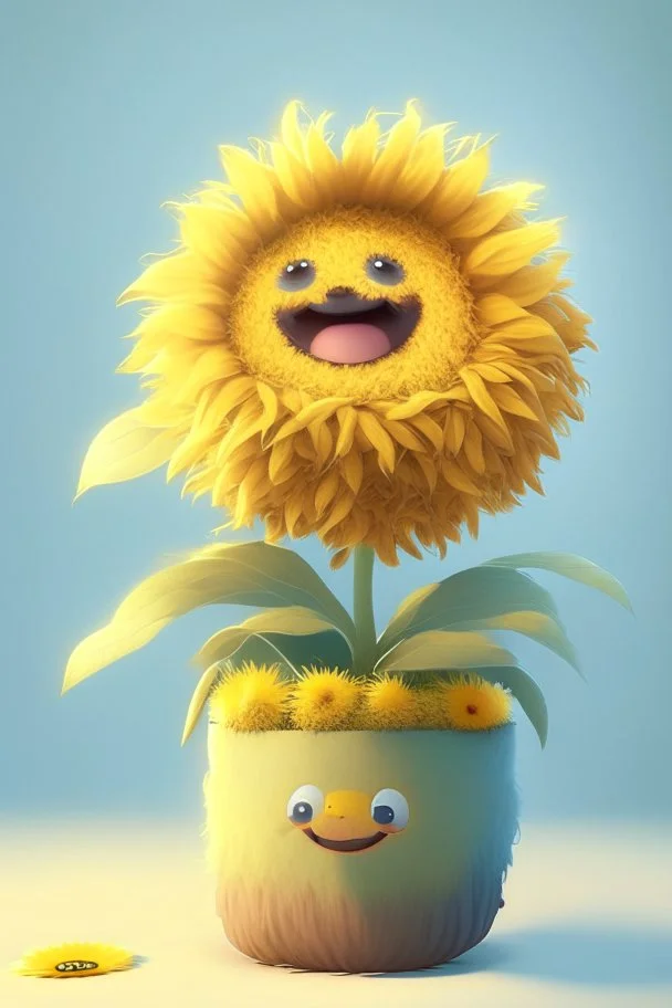 Cheery and cute sunflower in a pot avatar full body in fluffy material