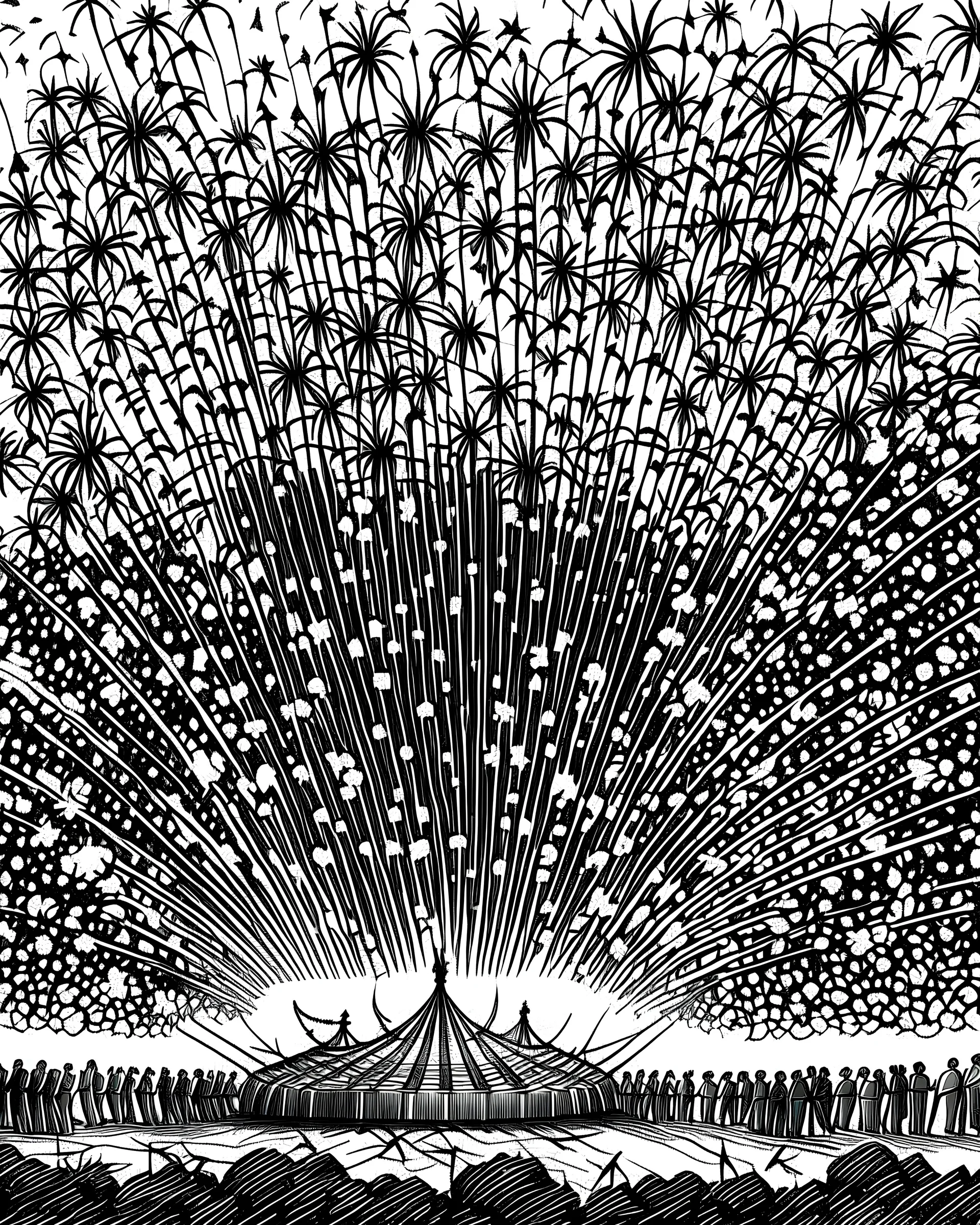 Design a grand finale with fireworks lighting up the sky as the circus comes to a spectacular close, light black and white outline, fine line, white background