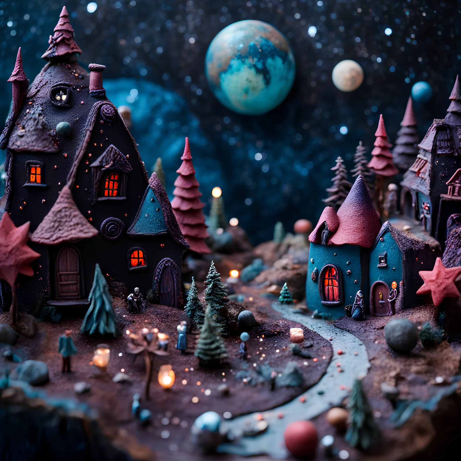 Detailed creepy landscape made of modeling clay, people, village, stars and planets, naïve, Tim Burton, strong texture, extreme detail, Max Ernst, decal, rich moody colors, sparkles, bokeh