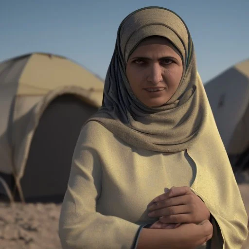 A Palestinian woman wearing the Palestinian dress carries her dead son as she screams and cries at night, with explosions in refugee tents behind her.