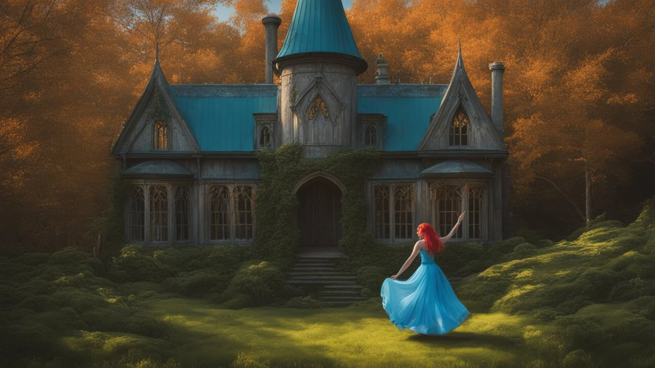 slim nymph dancing in a woodland clearing, with a gothic house behind her. vibrant colour