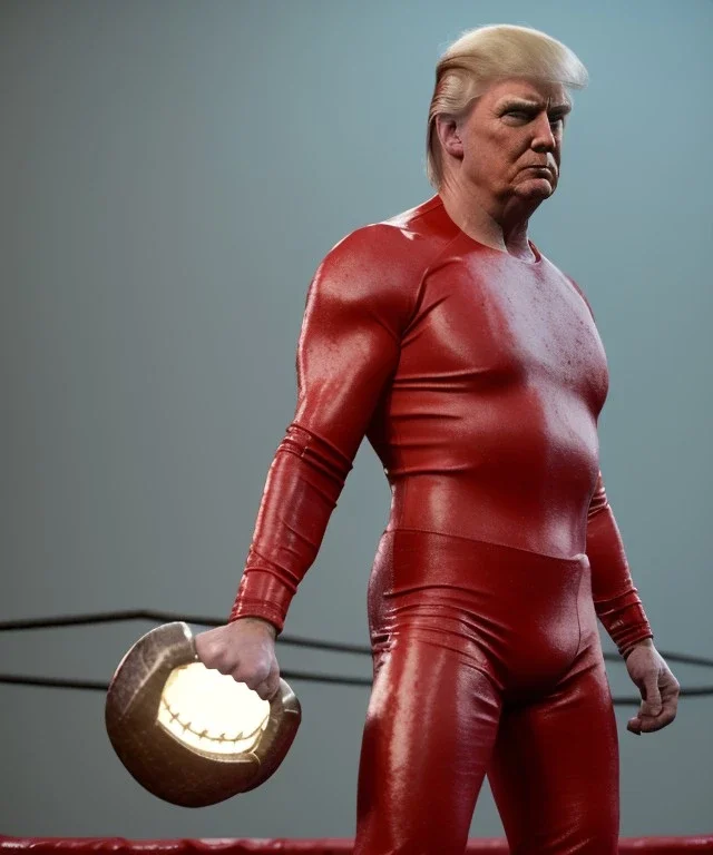 Photo realistic, Wrestler Donald trump, wrestling, American shot, sweat, blood, red breeches, suspenders, retro style, 80s, hot ambient, photo studio, vibrant color, gradient, highly detailed, art stations, concept art, smooth, unreal engine 5, god rays, ray tracing, RTX, lumen lighting, ultra detail, volumetric lighting, 3d, finely drawn, high definition, high resolution.