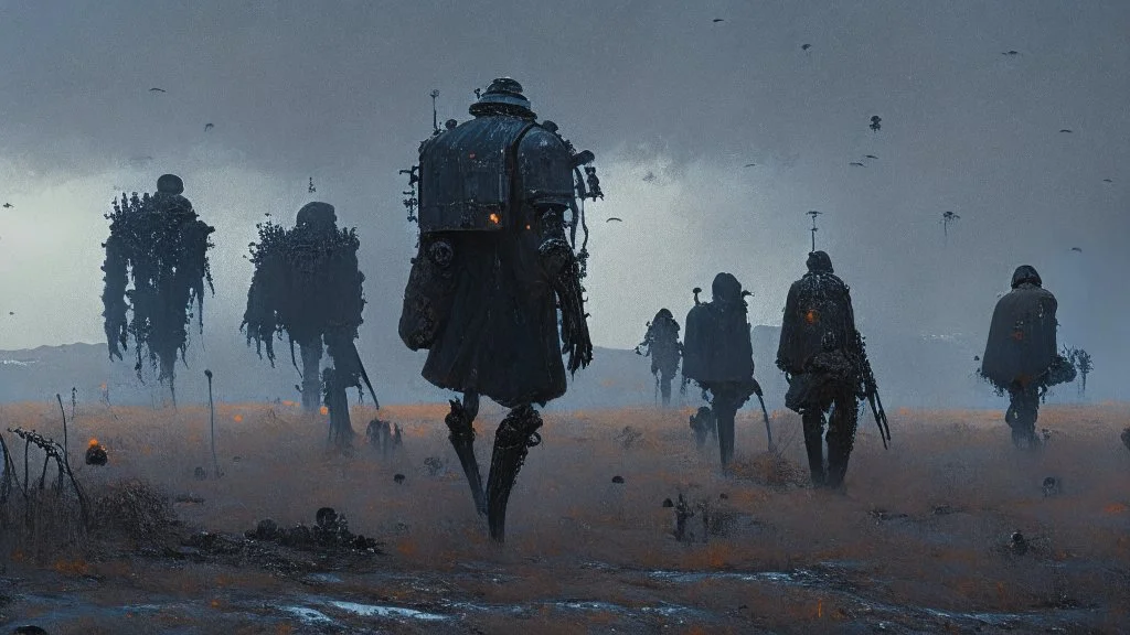 marching machine soldiers, creepy landscape, techno gothic visual composition, science fiction painting, Denis Sarazhin, Quint Buchholz, Simon Stålenhag, Neil Blomkamp, Christopher Shy, Alejandro Burdisio, RAW, gritty high contrast, atmospheric horror, unsettling art, dark palette, harsh colour