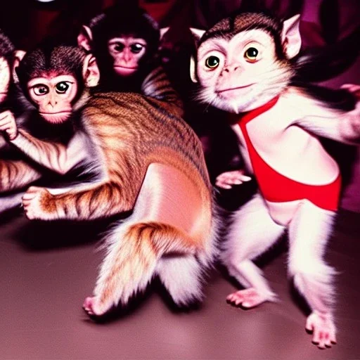 1980s photo of new year's party monkey with dancing cats