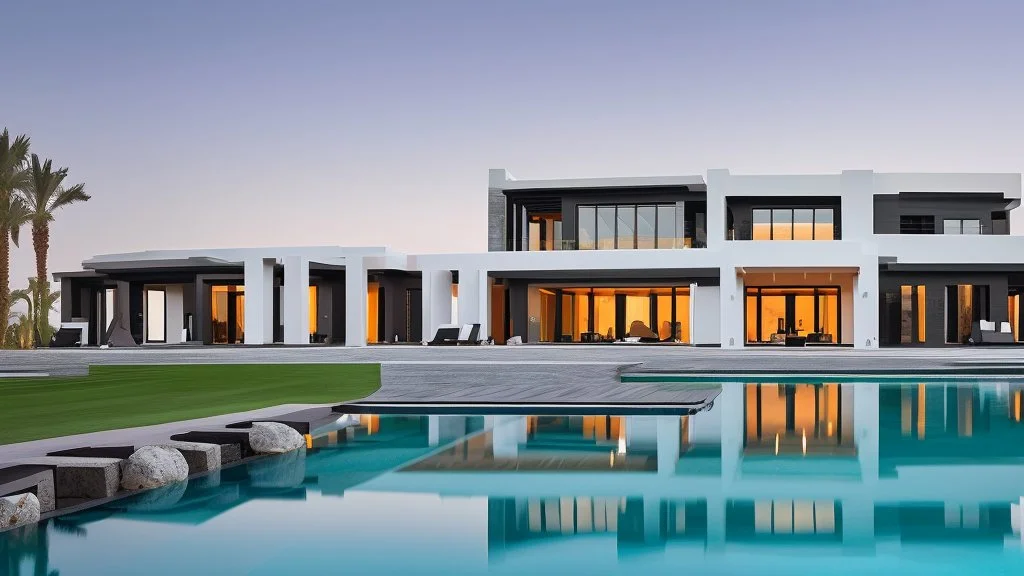 Description of a modern Emirati style villa: Located on a magnificent piece of land in the heart of the Emirates, our villa embodies the finesse of design and detailing that promises a luxurious residential experience. This two-story villa, with its elegant and contemporary spaces, stands out. The exterior walls of the villa are made of black and white stones, adding an elegant and luxurious touch to the design. This combination of black and white stones creates a beautiful contrast, highlight