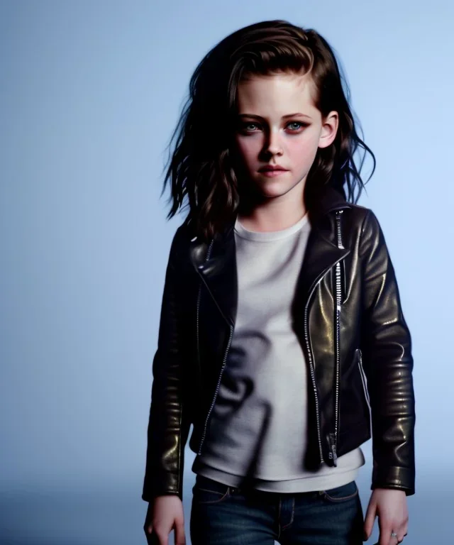 Kristen stewart toddler, full body, leather jacket, dramatic lighting, hyper realistic