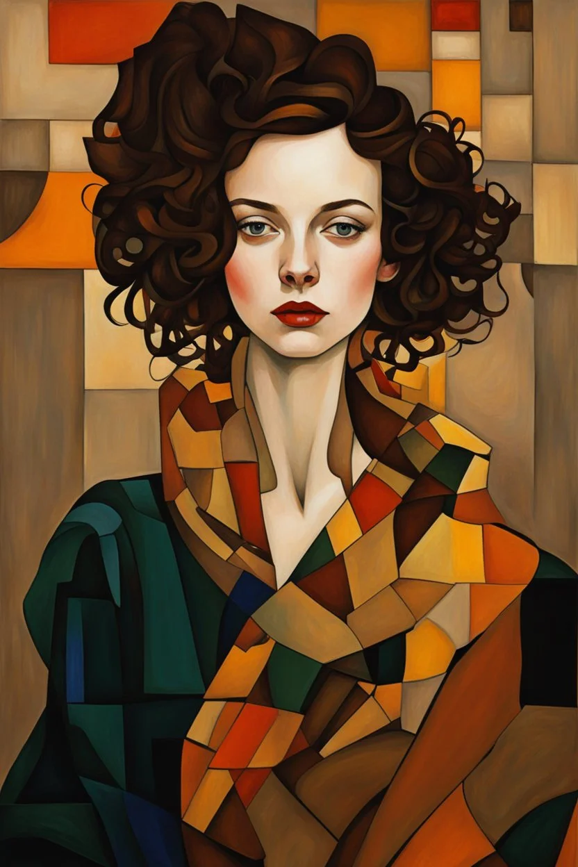 Woman in the cubism style of argon Schiele + Gustav Klimt. Rich, lovely colors, full cubism style