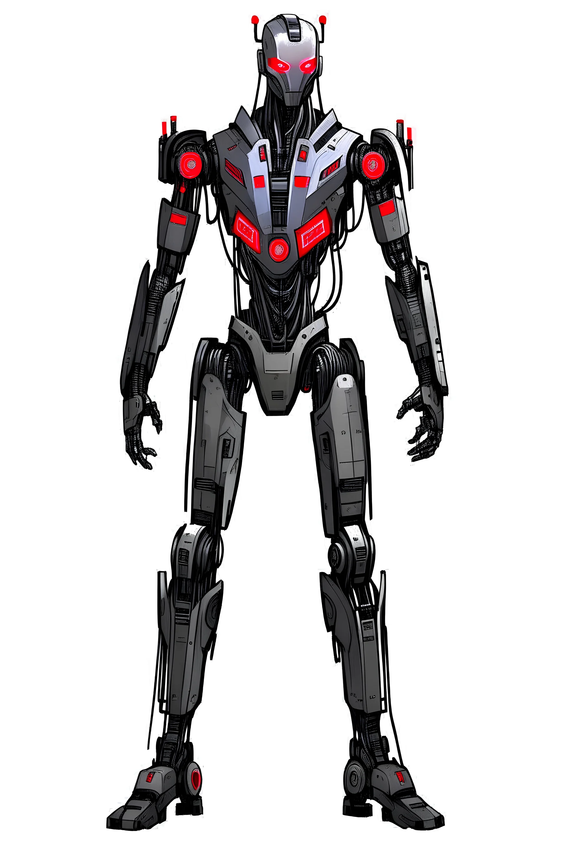 Full body picture of a 7'9 combat android, with sonic manipulation