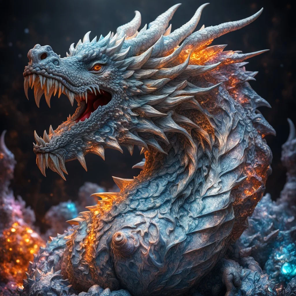 giant dragon marble statue covered with glowing crystals, high exposure, Professional photography, high contrast, bright vibrant colors, dark tone, high highlights, Intricate Patterns, Ultra Detailed, Luminous, Radiance, beautiful, Ultra Realism, Complex Details, Intricate Details, 8k, HDR, High Quality, Trending On Artstation, Sharp Focus, Studio Photo, Intricate Details,