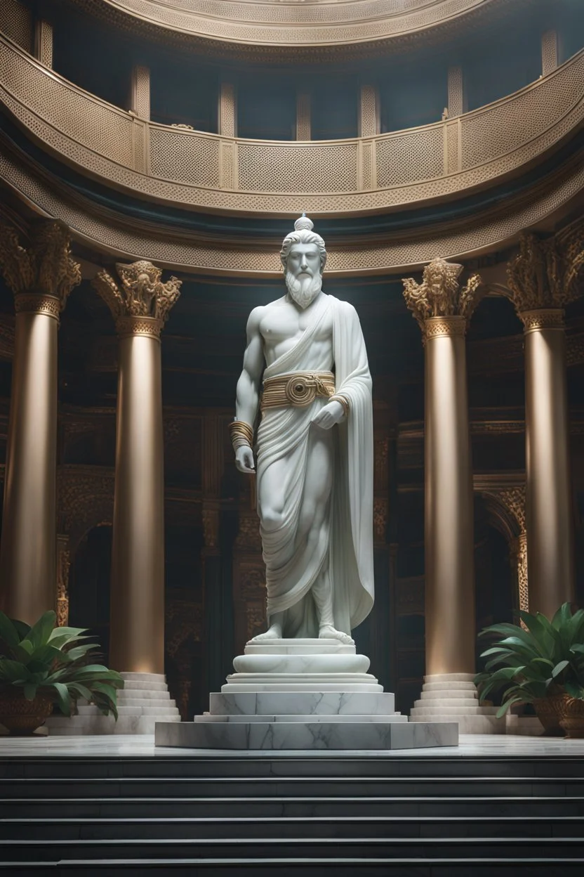 highly detailed marble and jade statue on a plint of a young man. long braided hair and short beard, full body shot, invisible gloves, , volumetric fog, Hyperrealism, breathtaking, ultra realistic, unreal engine, ultra detailed, cyber background, Hyperrealism, cinematic lighting, highly detailed, breathtaking, stunning temple environment