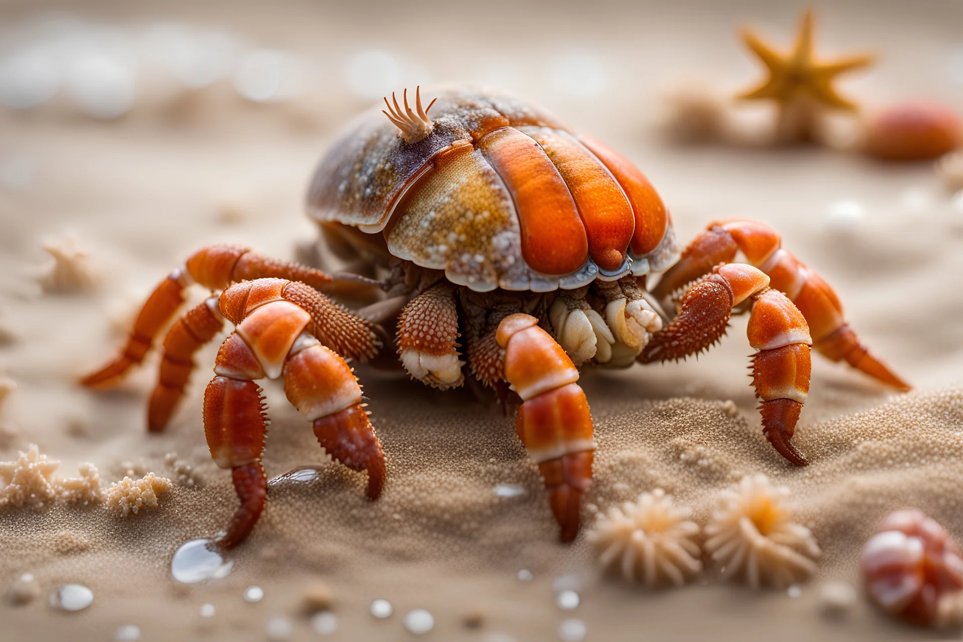 Close-up photograph of hermit crab perched in wet sand, with starfish and seaflowers nearby, the details of their shells and the texture of the sand are emphasized.