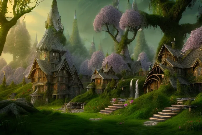 Immersive​ fantasy elven town house city in the deep forest with ancient elder tree blossom river 4k full hd