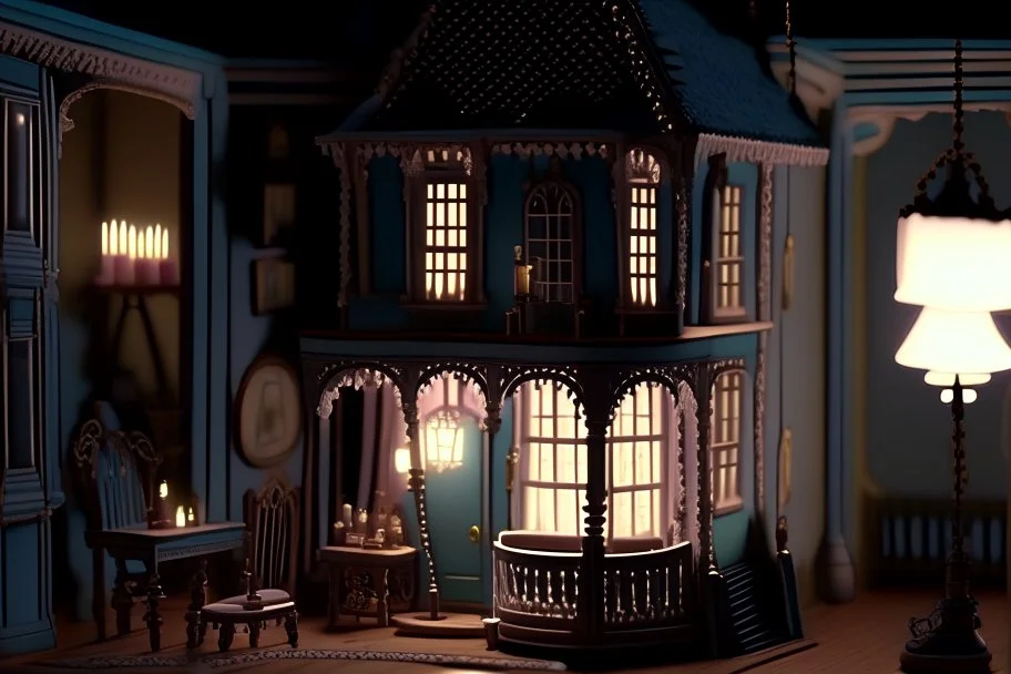 external view of a Victorian doll's house in the play room, cinematic lighting, very detailed