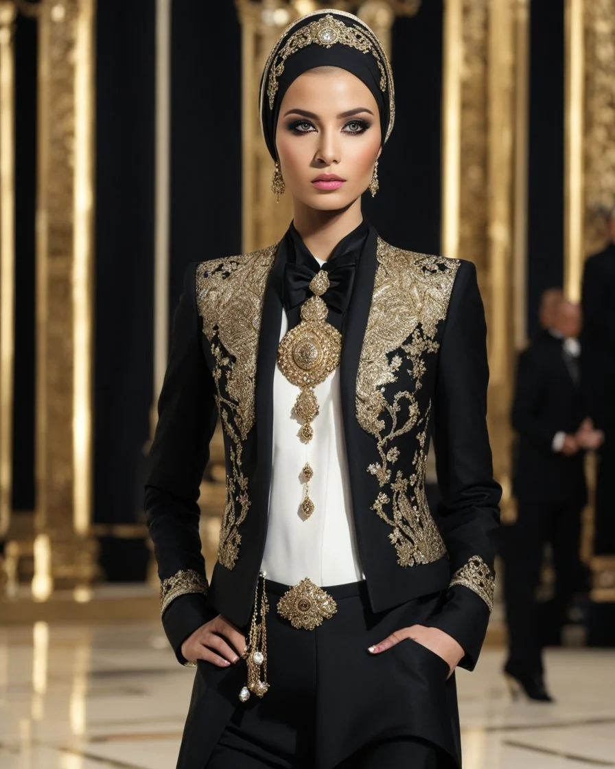 professionals photography realistic natural beauty,stand action pose ,in islamic luxury fashion show an beautiful young girl super model russian wearing islamic hijab as spy detective with shoulder length wearing luxury jewelrys and lipstick. She is wearing a islamic fashion luxury tuxedo with a black bowtie. Her jacket is black decorations golden art and it is not buttoned.Her jacket has a corsage,She is smiling. Her cufflinks are black.stand pose in futuristic luxury photos studio