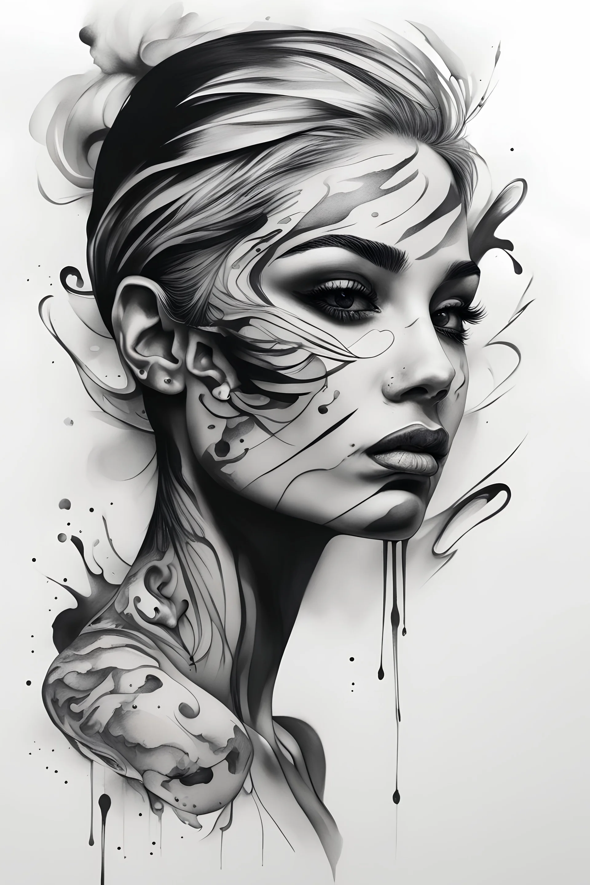A realistic drawing in negative space black ink on white background of a beautiful women with abstract brushstrokes face tattoos to enhance her face