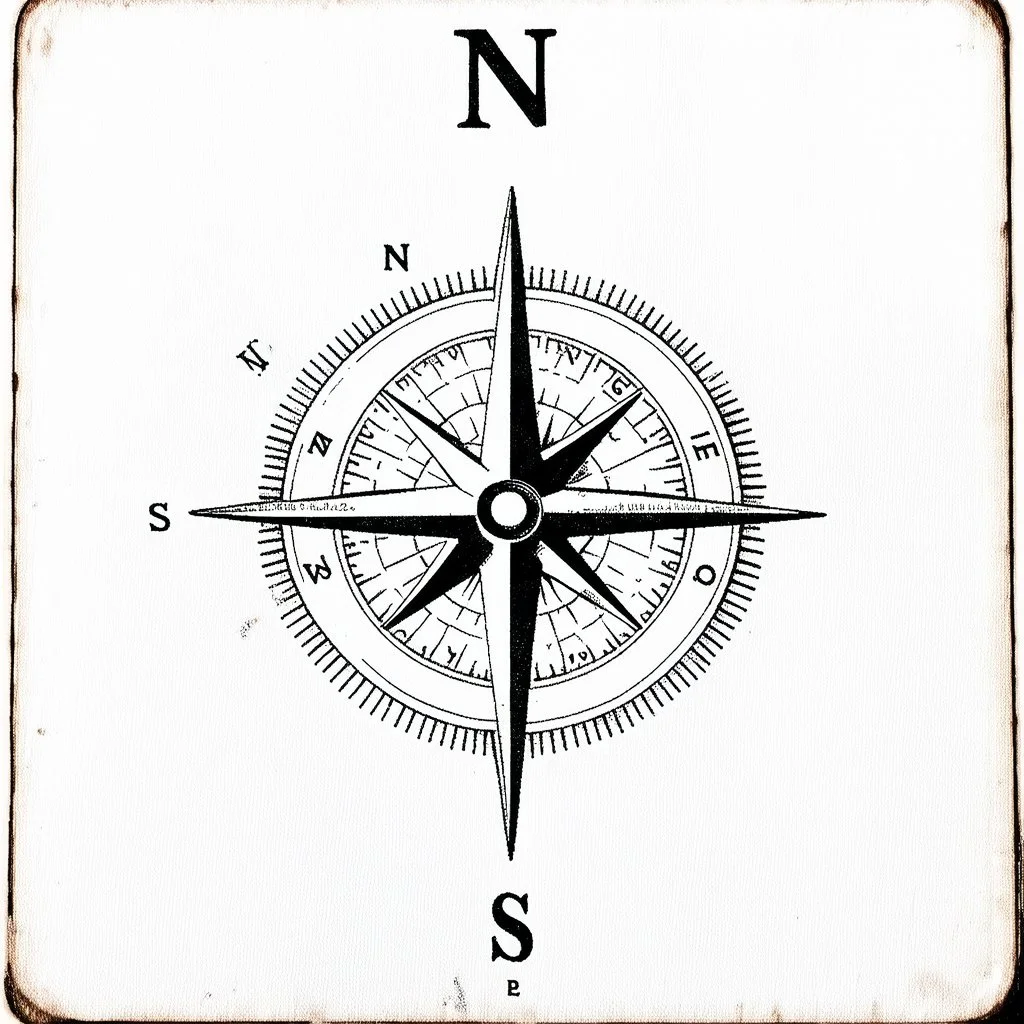 compass directional indicator found on maps, antique etched, black on white