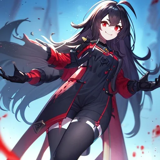 Clear focus,High resolution,High quality, Smiling,Wearing a Fortnite Inspired Outfit,Wearing black long socks, Black Long hair with a ahoge, Red eyes, Wearing black gloves, Bloody mess, Small pupils