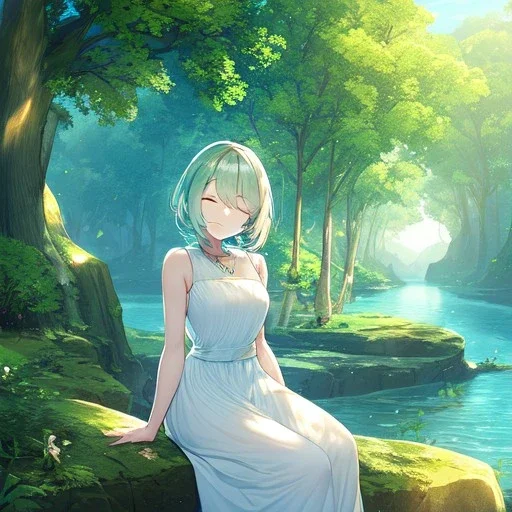 anime girl dressed in white dress, sitting in meditation pose with eye closed, very detailed, trees, blue birds flying, green trees, creek,water, eyes closed, sitting on a rock meditation pose,very detailed in facial features