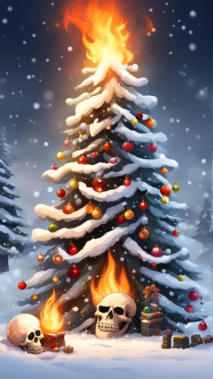 Christmas tree snow , Merry-x-mas decoration, tree, cartoon, Undertaker, fire and smog, Skull