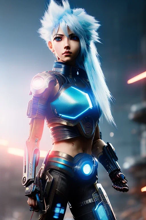 Cyborg anime warrior, light blue hair, short and messy hairstyle, blue eyes, waist up portrait, 4k resolution, intricate details, ornate details, soft lighting, vibrant colors, retroanime, masterpiece, intricate eyeliner, dark eyeshadow, eyes, intricate tattoos, futuristic cityscape background