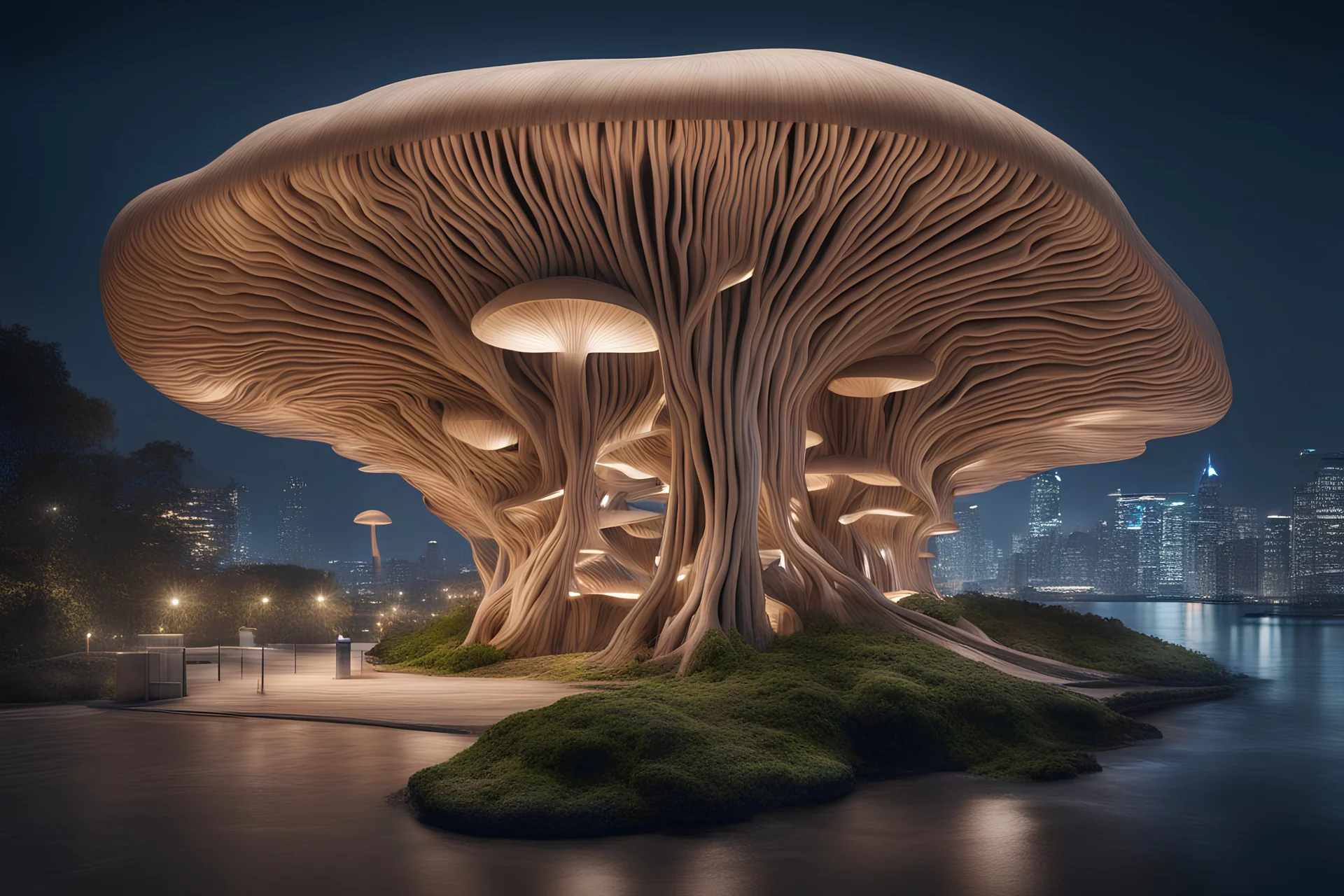 city,biophilic,wood,building,sea,night,coast,amorph building,futuristic,mushroom,root