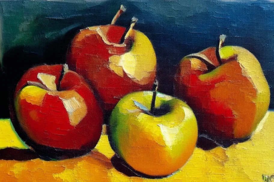 Abstract impasto oil painting of an apples on a table,style of William Turner