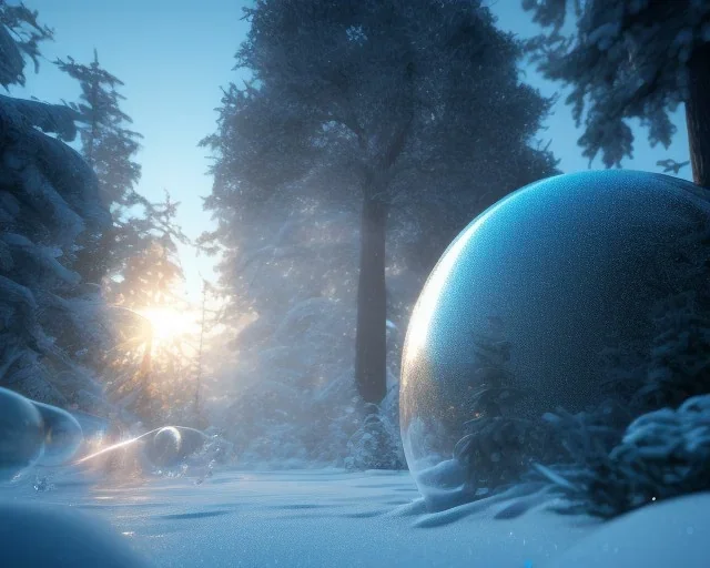 A bubble in the cold,Sun Ray,frost, ultra graphics, RTX, TXXA, SSAO, High quality,hyperrealistic, Super detailed, HDR,4k