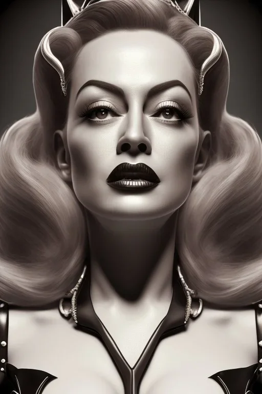 Joan Crawford as evil queen in black leather, busty, cleavage, dominatrix, curvy, angry, stern look. unreal 5, octane render, cinema4d, dynamic lighting, dramatic lighting, 4k, redshift render, highly detailed, hyper realistic,anthropomorphic