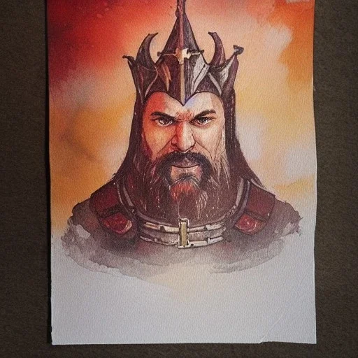 dungeons and dragons, fantasy, dwarf, dark priest, full plate armour, ironclad, dark metal, dark red glow, watercolour, large strokes, distinct face, portrait, head, crude crown