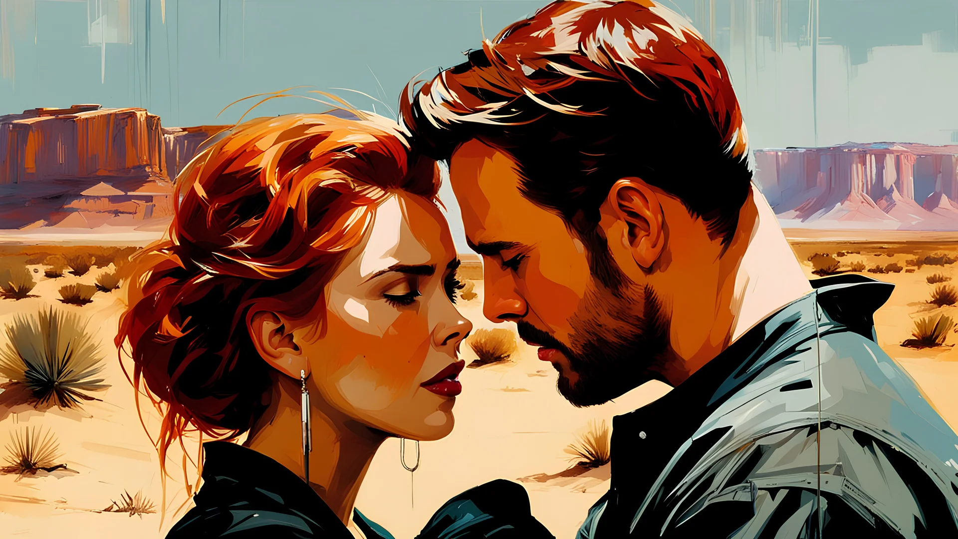 (redhead Scarlett Johansson) in the desert, hugging (chris evans) :: by Robert McGinnis + Jeremy Mann + Carne Griffiths + Leonid Afremov, black canvas, clear outlining, detailed