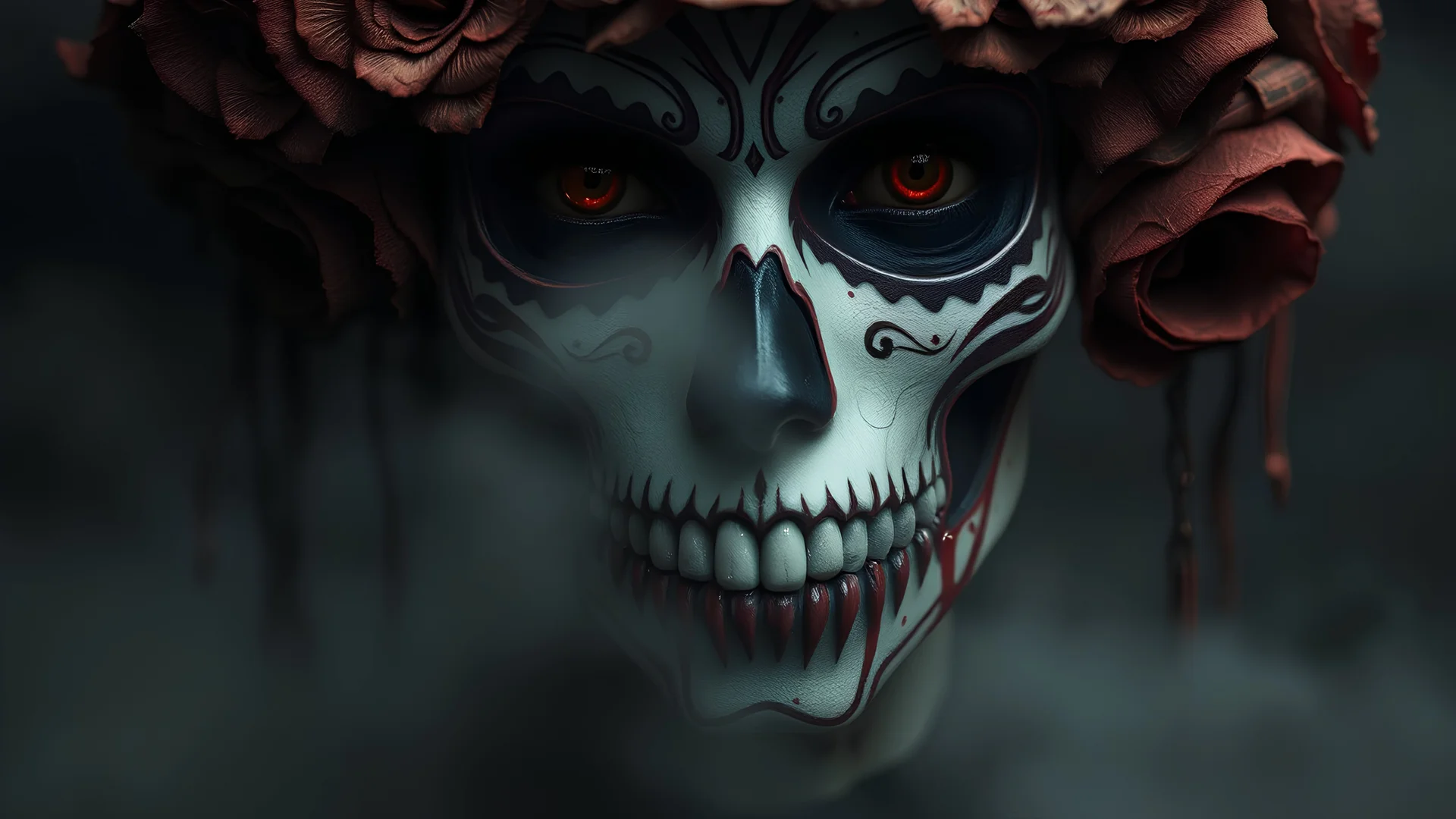 fantasy, Día de los Muertos, ancient, fog, intricate design, mist, rich detail, dark fantasy, zoomed, dark deep colors, rich colors, blood, dark, close up,portrait