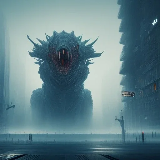 Kaiju, monster, humanoid, giant, ultra modern,futuristic, city, smoke, rain, digital illustration, fantasy, architecture, sharp focus, concept art, octane render, scary, 8 k