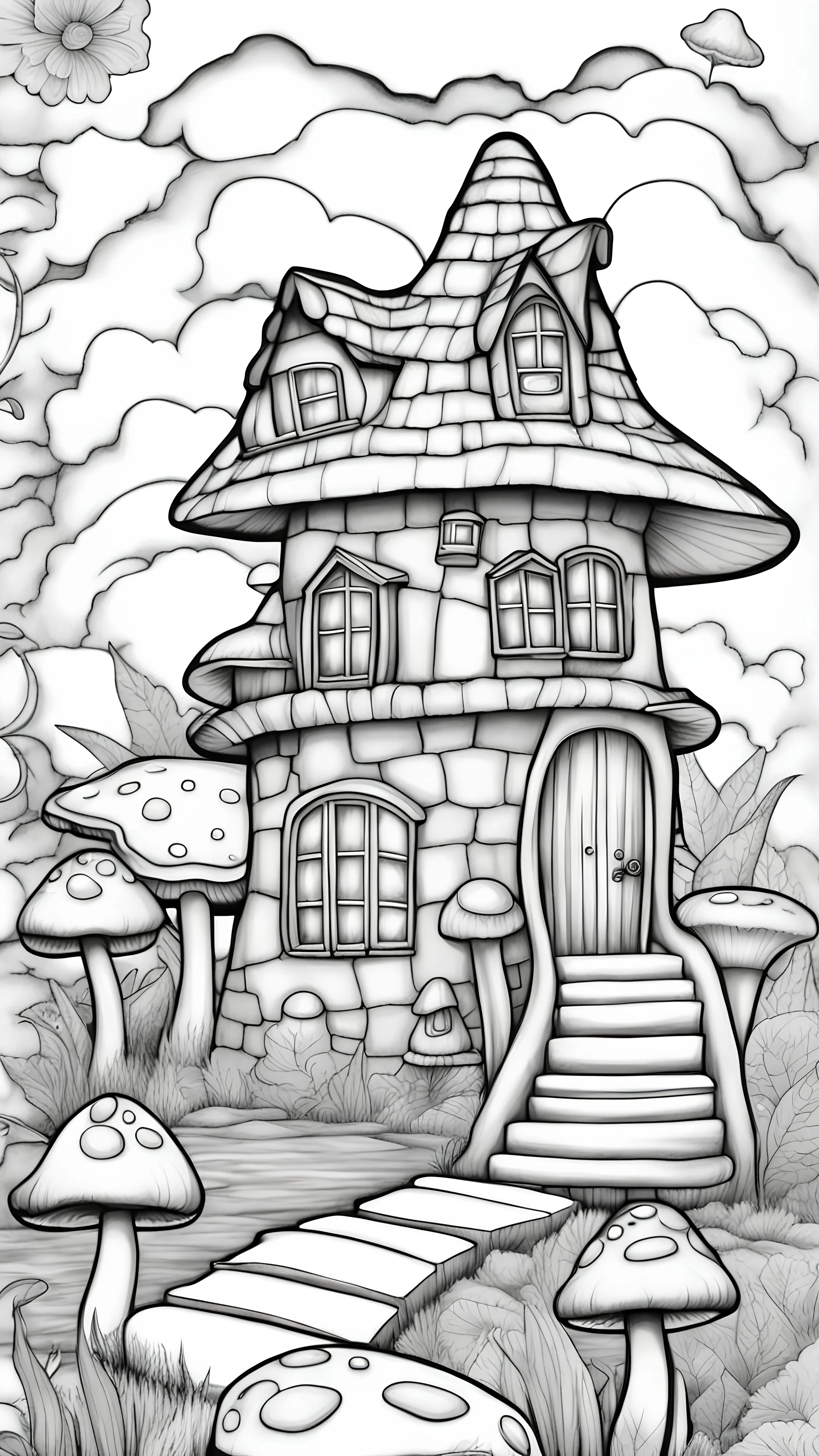 Mushroom Houses Coloring Book for Adults and Kids, Instant