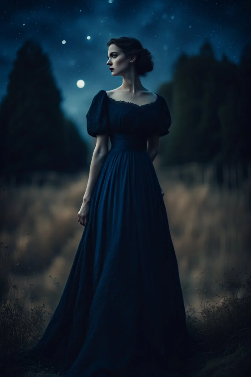 Under a starry dark blue sky woman in long nice vintage dress, dark deep colours, gothic, sharp focus, detalied, cinematic, atmospheric, weird, crepy stunning