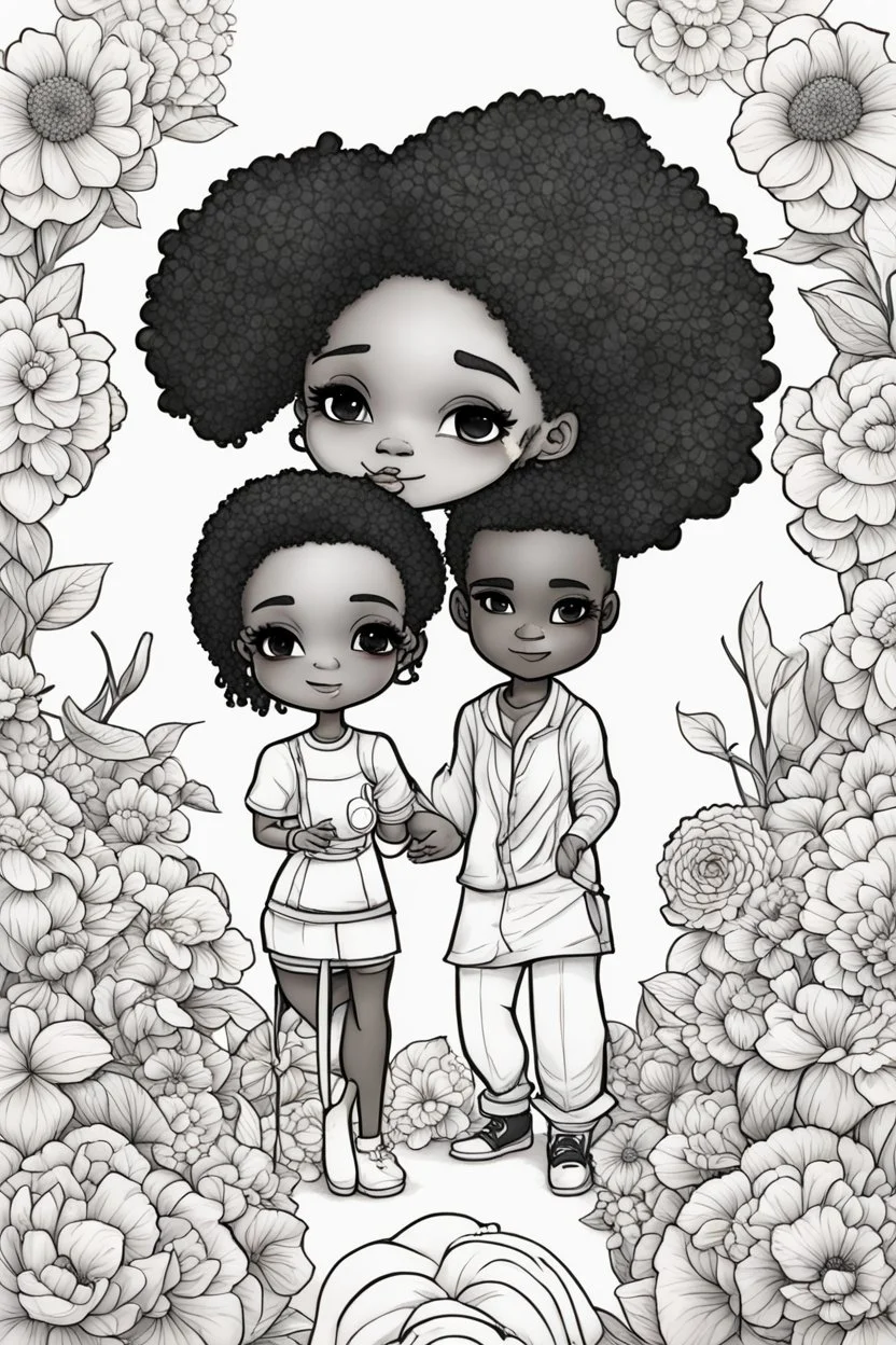 create a outlined coloring page of a chibi black characters of a couple surrounded by flowers. Pay attention to the details of the faces and flowers and the emotions conveyed by the couple. White background, sketch style, half of body, use outline, Mandala style, clean line art, no shadows, no coloring, no shading, no grey.
