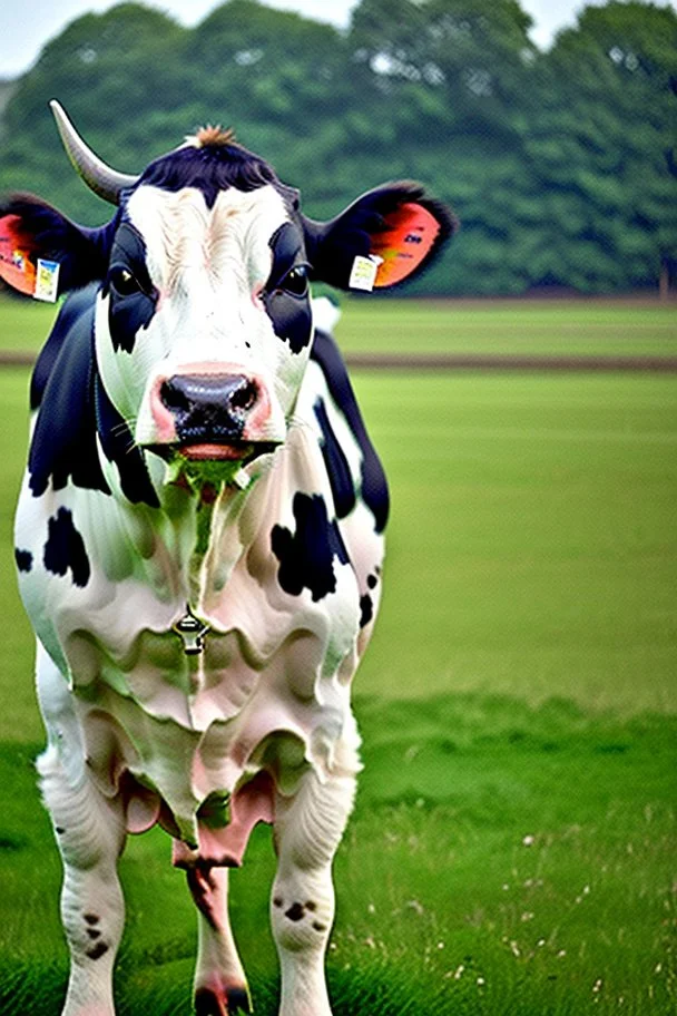 A cow sitting in armchair in large green field