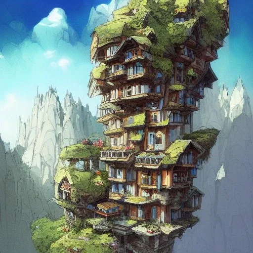 Skyscraper Chalet on bridges between chasm,mountains cliff, mountain peak,blue sky,detailed facades+beautiful,richly detailed houses,trees,ornamental flowers +uphill road+biopunk+Book illustration by Gediminas Pranckevičius, Jean Baptiste Monge, Brian Kesinger, Anton fadeev, strong lines, high contrast vibrant colors, highly detailed, 16k resolution