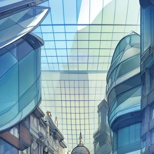 Modern glass rooftops om Vignola classicism Architecture building with futuristic glass building +detailed facades+highly detailed++ Book illustration by Gediminas Pranckevičius, Jean Baptiste Monge, Brian Kesinger, Anton fadeev, strong lines, high contrast vibrant colors, 16k resolution, trending on behance""